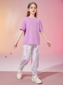 2 cái/bộ Cô gái Tween Giải trí Vòng cổ Ngắn tay Áo thun Và Quần Chạy bộ Với Cổ tay áo Cho mùa hè - Nhiều màu - Xem 8