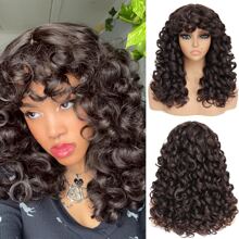 Synthetic Heat Resistant Wigs Bouncy Curls Wigs With Bangs Chocolate Brown 18inch Chemical Fiber Wig Bangs Wig Daily Used Easy To Wear Beginner Big Bouncy Fluff Curly Wigs - Cà phê nâu - Xem 1