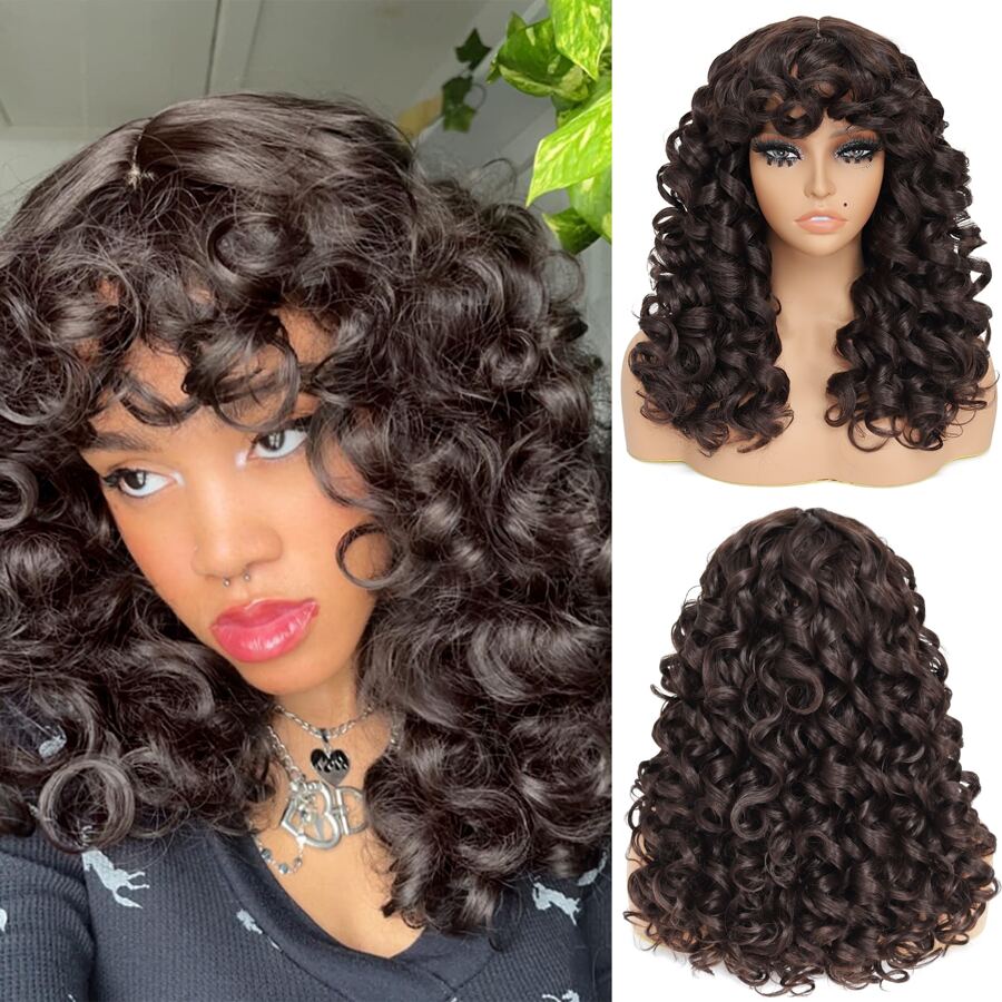 Synthetic Heat Resistant Wigs Bouncy Curls Wigs With Bangs Chocolate Brown 18inch Chemical Fiber Wig Bangs Wig Daily Used Easy To Wear Beginner Big Bouncy Fluff Curly Wigs - Cà phê nâu - Xem 1