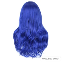 Pelucas Onduladas Azules Largas De 24 Pulgadas Peluca Azul Oscuro Rizada Larga Parte Media Pelo Sintético De Aspecto Natural - Azul - Ver 2