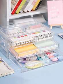 1pc Transparent Thickened Desktop Office Stationery Organizer Box With Drawer, Multi-layer Storage Case Pencil Sorting - trắng - Xem 1