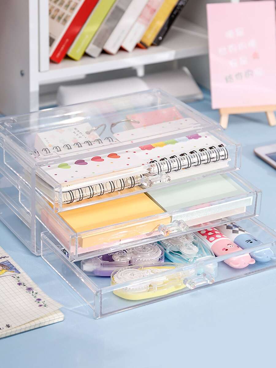 1pc Transparent Thickened Desktop Office Stationery Organizer Box With Drawer, Multi-layer Storage Case Pencil Sorting - trắng - Xem 1