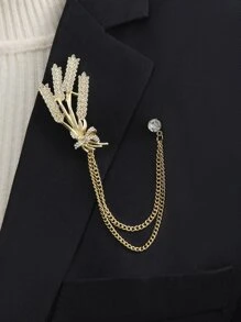 1入組高端套裝配件鍍金小麥鏈條和流蘇胸針帶水鑽適用於男士商業場合 - 金色 - 查看 1