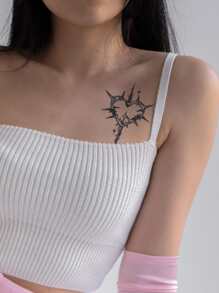 Pegatinas de tatuaje con diseño de corazón con espinas, hierbas, estilo fresco, impermeable, de alta gama, para clavícula o brazo de mujeres - Negro - Ver 4