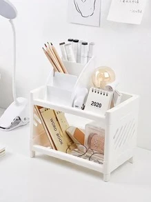 1pc Plastic Solid Color Desktop Storage Rack Cosmetic Organizer Box For Bathroom, Study, Office - White - View 4