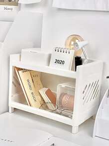 1pc Plastic Solid Color Desktop Storage Rack Cosmetic Organizer Box For Bathroom, Study, Office - White - View 5