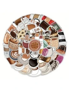 50 Sheets Retro Coffee Stickers, Waterproof Travel Suitcase, Notebook, Guitar, Skateboard, Water Bottle Stickers - Multicolor - View 2