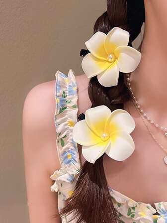 2入組白色蛋形髮夾適合女士,小花卉圖案髮夾適用於劉海