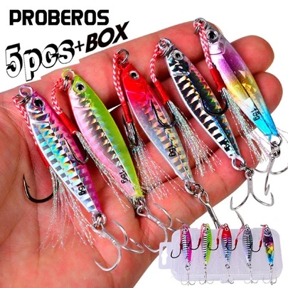 PRO BEROS Bộ 5 mồi câu cá kèm cá chì, đĩa sắt và lưỡi câu dùng cho câu cá nước mặn chậm