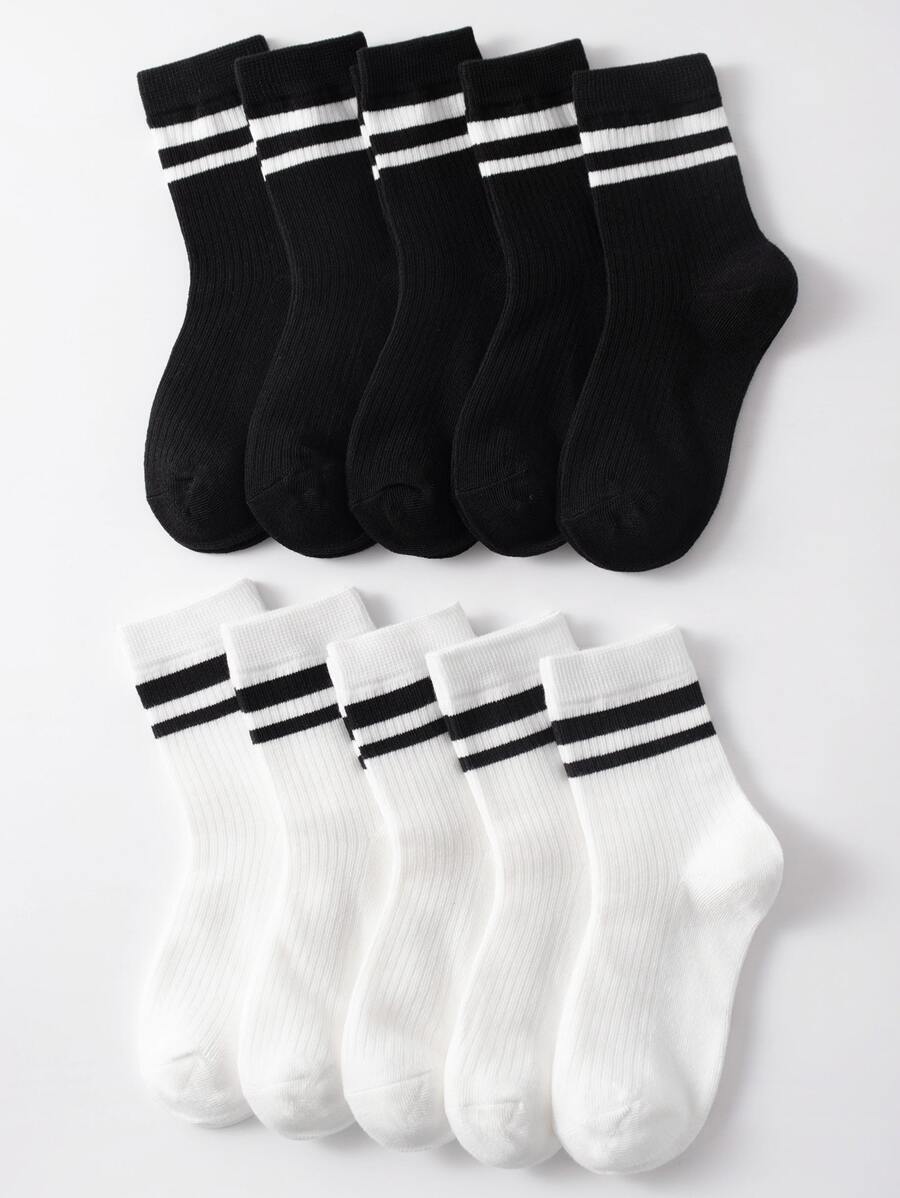 10 pares de meias infantis respiráveis ​​e confortáveis ​​com gola redonda bicolor, adequadas para uso diário de estudantes e uniforme escolar.