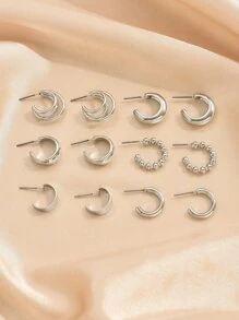 12pcs Small Classic C-shaped Earrings Set - Silver - View 2