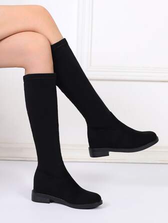 Women Round Toe Chunky Heel Over-The-Knee Boots, Fall/Winter 2023, Height Increasing, Stretch Suede Thigh High Boots, Size 41, For  Style Outfits, Sexy & Charming Black Boots, Anti-Slip & Wear Resistant, Suitable For 8-45 Years Old.