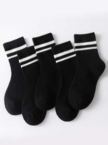 10雙/包兒童黑色雙筋運動透氣舒適圓襪適合日常穿著 - 黑與白 - 查看 2