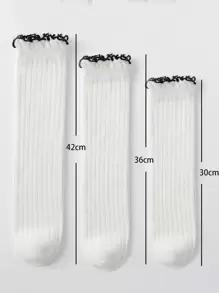 1 Pair White Girls' Straight Tube Socks With Frill Cuff, Suitable For Daily Wear All Year Round - White - View 6