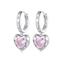 WOSTU 1pc 925 Sterling Silver Simple Yet Fashionable Pink Heart Shaped Stud Earrings For Women, Party Jewelry Gift - Silver - View 1