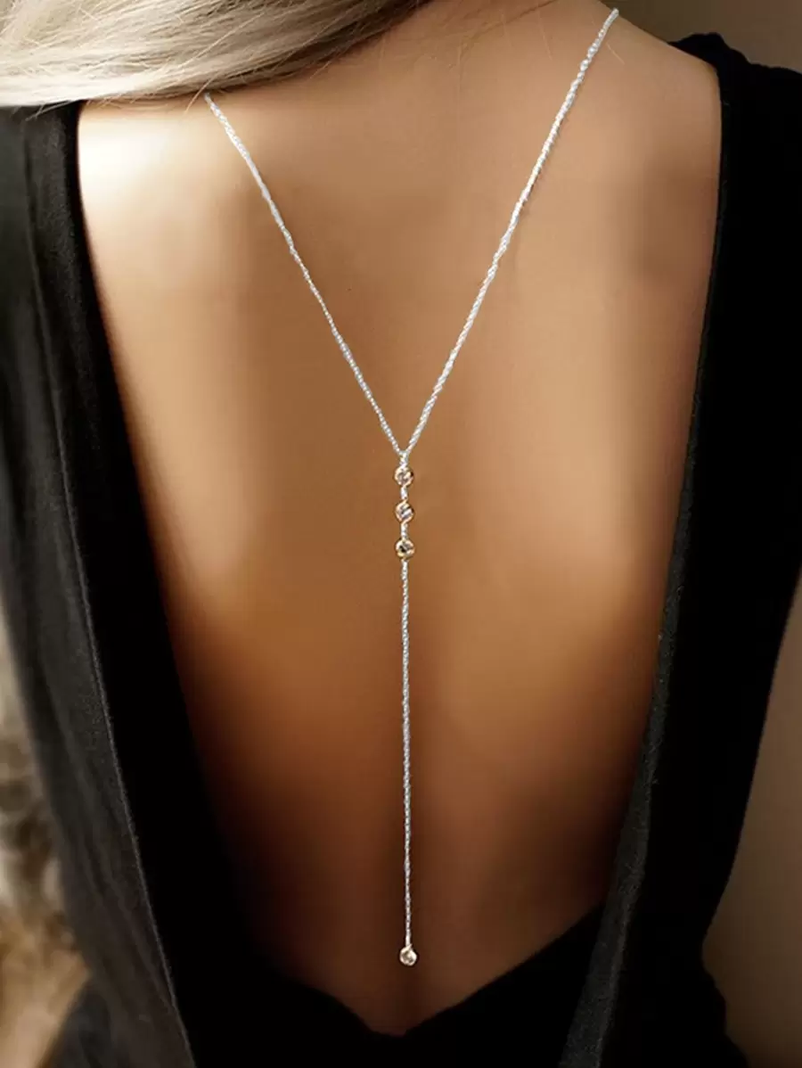 1 件简约欧美风格蝴蝶结吊坠长项链，带 3 颗水晶，时尚流苏后链身体首饰 - 銀色 - 查看 1
