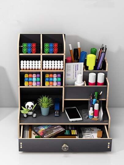 1set Black Wooden Pencil Holder & Stationery Organizer Box, Desktop Storage For Office, Dormitory Or Bedroom