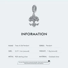 WOSTU 1入組復古925純銀生命之樹吊墜復古珠子適合原始DIY手環項鍊S925珠寶製作