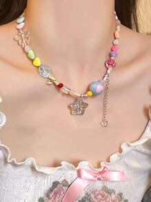 1 件糖果乐园炫酷彩色串珠星星爱心可爱颈链彩色拼接亚克力 DIY Y2K 多巴胺彩色项链饰品女孩朋克配饰星形吊坠项链礼物首饰适合女孩学校派对 - 彩色的 - 查看 3