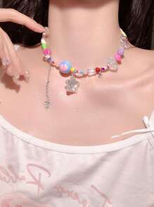 1 件糖果乐园炫酷彩色串珠星星爱心可爱颈链彩色拼接亚克力 DIY Y2K 多巴胺彩色项链饰品女孩朋克配饰星形吊坠项链礼物首饰适合女孩学校派对 - 彩色的 - 查看 2