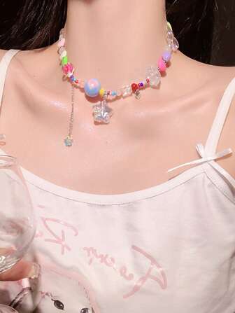 1pc Candy Land Cool Colorful Beads Stars Love Cute Choker Color Splicing Acrylic DIY Y2K Dopamine Colorful Necklace Charm For Girl Punk Accessory Star Pendant Necklace Gift Jewelry For Girls School Party
