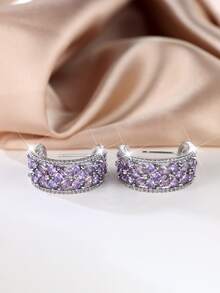1個高貴和閃亮的銀色中空紫花耳環,適用於贈禮、約會、訂婚、婚禮裝飾 - 紫色 - 查看 5