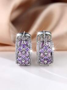 1個高貴和閃亮的銀色中空紫花耳環,適用於贈禮、約會、訂婚、婚禮裝飾 - 紫色 - 查看 1