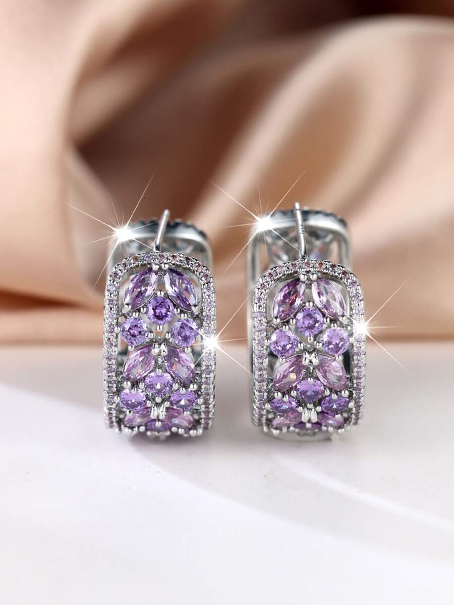 1個高貴和閃亮的銀色中空紫花耳環,適用於贈禮、約會、訂婚、婚禮裝飾 - 紫色 - 查看 1