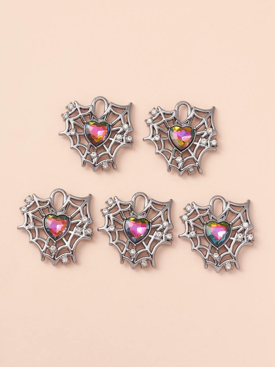 5入組鋅合金&玻璃蜘蛛網形狀心形墜飾DIY首飾製作,合適的適用於手環,項鍊,耳環