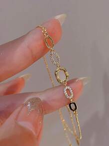 1pc Luxury Elegant Gold Cubic Zirconia Bracelet, Women's Square Gold-Plated Adjustable Bracelet, Party Jewelry Gift