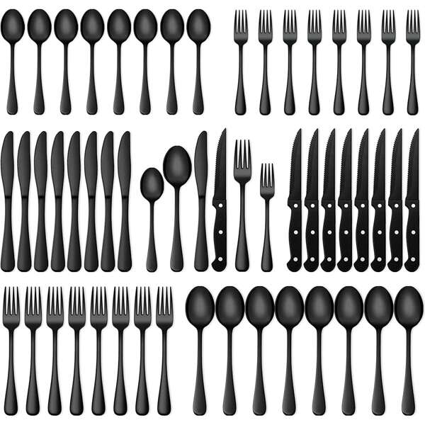 48Piece Black Silverware Set with Steak Knives, Beijiyi Black Flatware