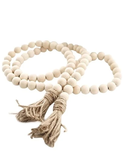 1 قطعة سلسلة خرز خشبية بطول 51 بوصة على الطراز الريفي مع شرابات، ديكور ريفي، سبحة، ديكور حائط على الطراز البوهيمي الكبير، ديكور منزلي، ديكور غرفة، ديكور حائط