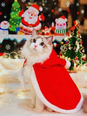 1pc Pet Christmas Costume, Hat & Red Cape Santa Claus Clothes For Dogs And Cats, Red