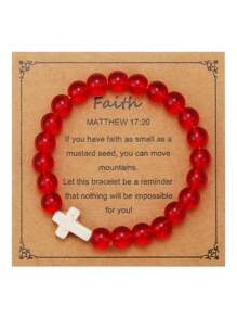 1入組女士男士十字架手鍊，8 毫米天然水晶治療手鍊半寶石珠彈力手鍊送給基督徒的禮物帶祈禱卡 - 紅色 - 查看 1