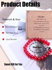 1入組女士男士十字架手鍊，8 毫米天然水晶治療手鍊半寶石珠彈力手鍊送給基督徒的禮物帶祈禱卡 - 紅色 - 查看 2