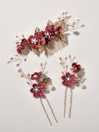 3入組深紅色婚禮髮飾,配粉色花朵髮梳和髮針波西米亞風格
