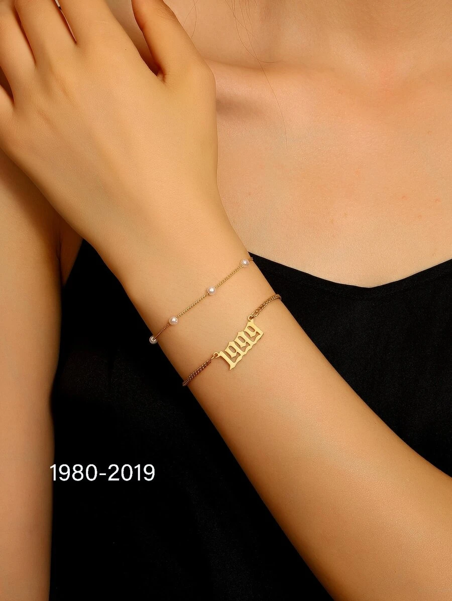 2入組不鏽鋼時尚假珍珠生日年號裝飾手鍊,適合女性日常裝飾 - 金黃色 - 查看 1