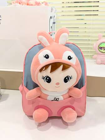 1入組卡通玩偶裝飾拉鍊閉合可愛後背包適用於女孩們日常使用