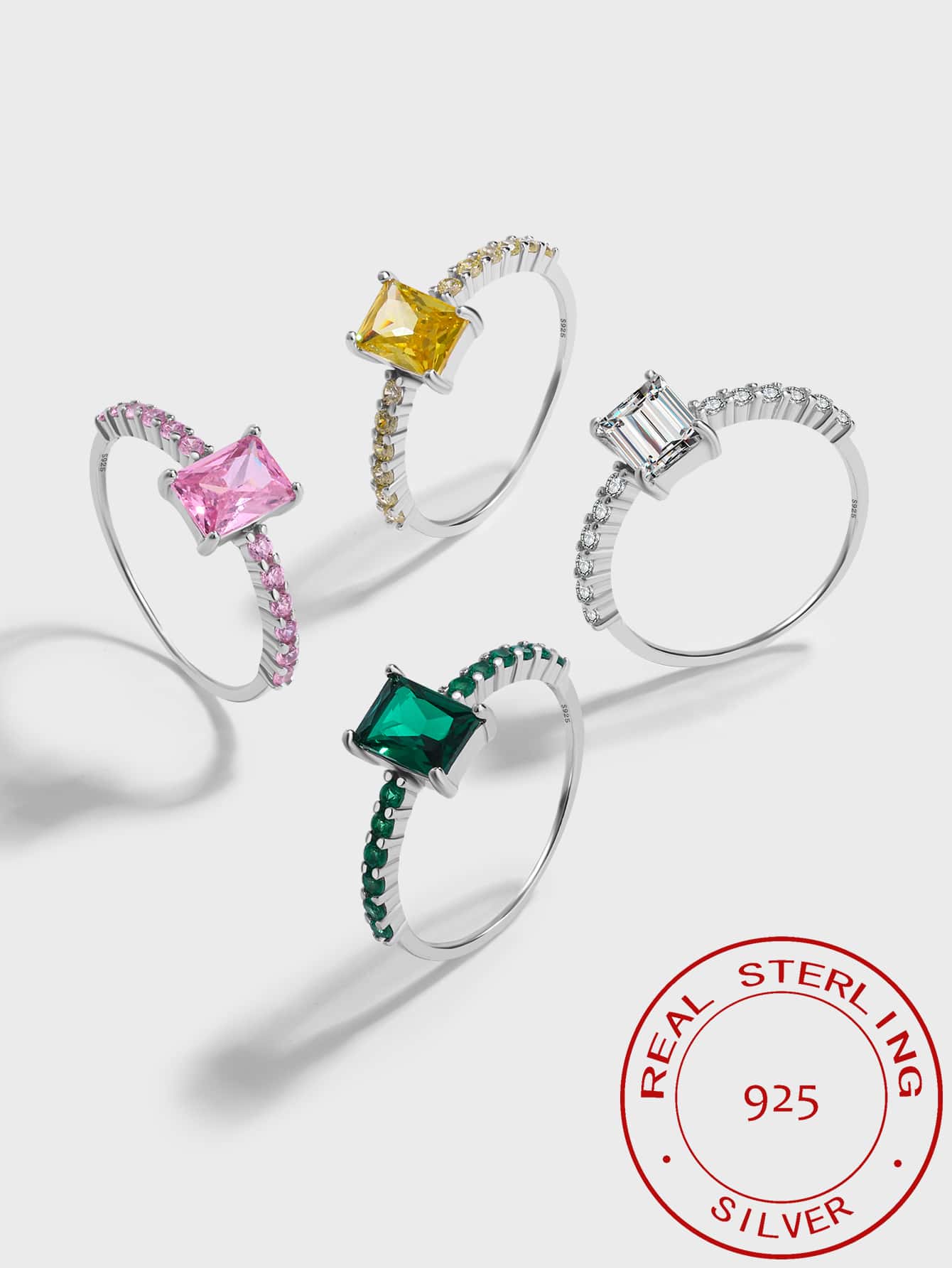 簡約風粉色的S925純銀四爪幾何首飾類圓環帶彩色矩形石頭適合女士 - 粉色 - 查看 1