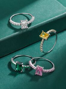 簡約風粉色的S925純銀四爪幾何首飾類圓環帶彩色矩形石頭適合女士 - 粉色 - 查看 5