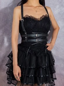 1 chiếc dây đeo quần nữ phong cách Punk tối màu, chất liệu PU màu bạc, hai lớp, gợi cảm, thích hợp cho tiệc tùng, câu lạc bộ, hẹn hò. - màu đen - Xem 2