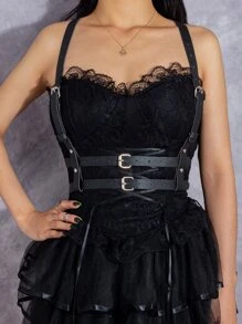 1 chiếc dây đeo quần nữ phong cách Punk tối màu, chất liệu PU màu bạc, hai lớp, gợi cảm, thích hợp cho tiệc tùng, câu lạc bộ, hẹn hò. - màu đen - Xem 1