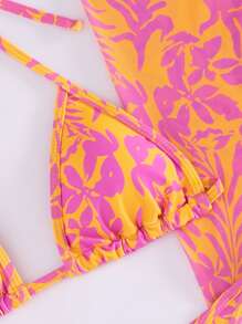 Bikini Women's Three-Piece Bright Printed Three-Point Bikini Set Slit Skirt Summer Beach - Burnt Orange - View 5