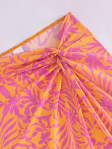 Bikini Women's Three-Piece Bright Printed Three-Point Bikini Set Slit Skirt Summer Beach - Burnt Orange - View 6