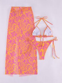 Bikini Women's Three-Piece Bright Printed Three-Point Bikini Set Slit Skirt Summer Beach - Burnt Orange - View 7