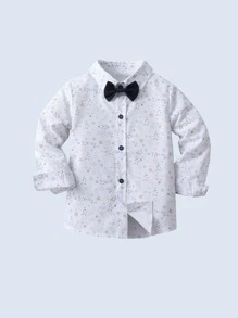 2 件套男婴绅士装，长袖随机印花衬衫，配领结和吊带裤，时尚适合生日派对、婚礼、洗礼 - 藏蓝色 - 查看 3