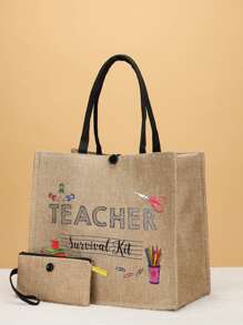 大容量,便攜2入組/套字母圖案海灘托特包帶零錢包書包套裝適用於青少年女孩女士大學學生,老師完美適用於學校,大學,教師節,老師禮物 - 卡其色 - 查看 1