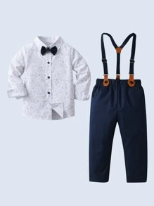 2 件套男婴绅士装，长袖随机印花衬衫，配领结和吊带裤，时尚适合生日派对、婚礼、洗礼 - 藏蓝色 - 查看 2