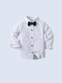 2 件套男婴绅士装，长袖随机印花衬衫，配领结和吊带裤，时尚适合生日派对、婚礼、洗礼 - 藏蓝色 - 查看 5