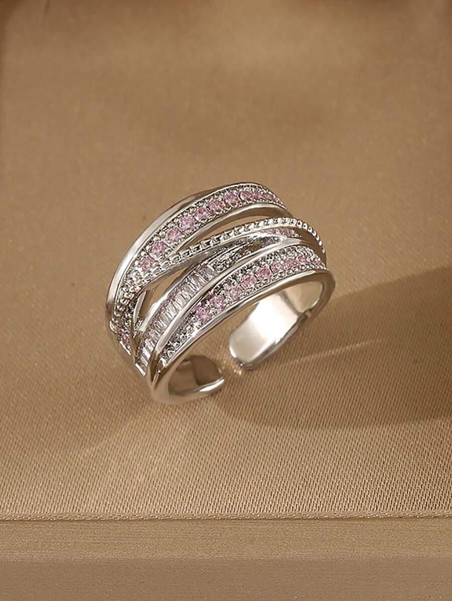 jealous young 1pc Cute Pink Multi-Layer Zirconia Open Ring, Suitable For Women's Daily Wear, Women's Jewelry - Pink - View 1